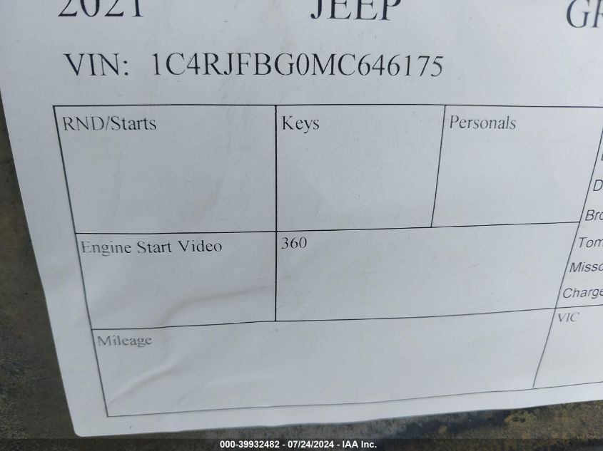 2021 Jeep Grand Cherokee Limited 4X4 VIN: 1C4RJFBG0MC646175 Lot: 39932482