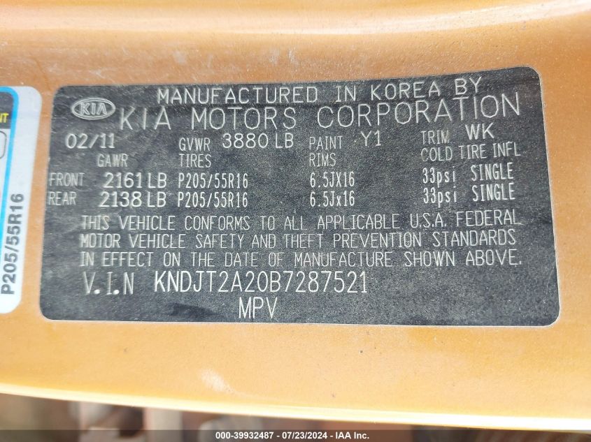 2011 Kia Soul +/!/Sport VIN: KNDJT2A20B7287521 Lot: 39932487