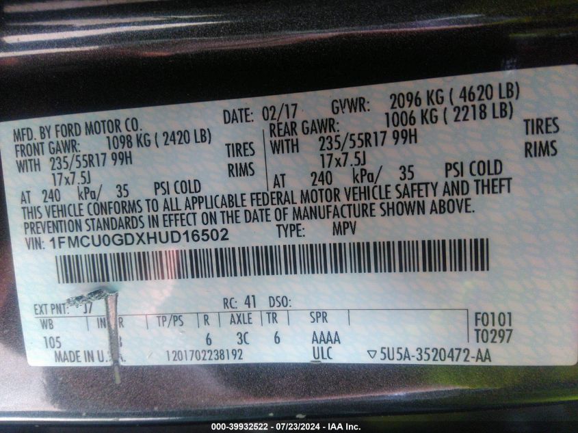 2017 Ford Escape Se VIN: 1FMCU0GDXHUD16502 Lot: 39932522