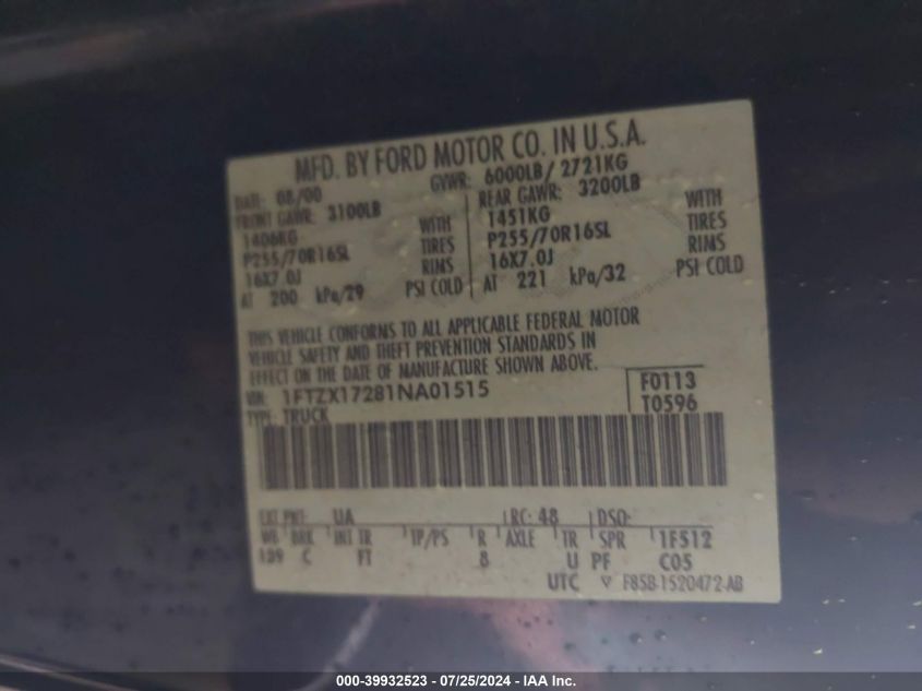 2001 Ford F-150 Xl/Xlt VIN: 1FTZX17281NA01515 Lot: 39932523