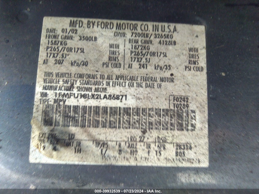 2002 Ford Expedition Eddie Bauer VIN: 1FMFU18LX2LA86871 Lot: 39932539