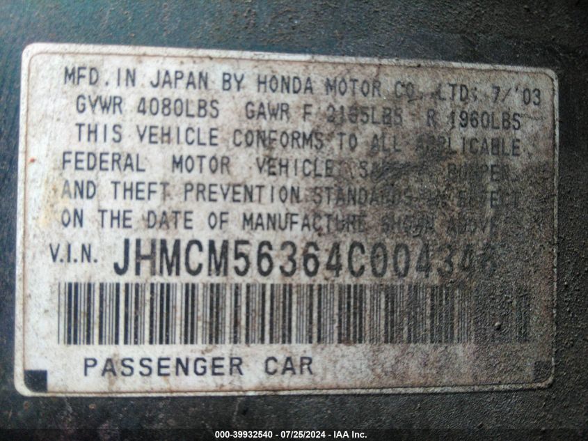 2004 Honda Accord 2.4 Lx VIN: JHMCM56364C004346 Lot: 39932540