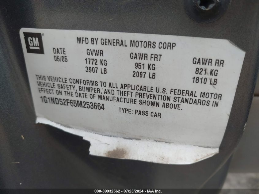 2005 Chevrolet Classic VIN: 1G1ND52F65M253664 Lot: 39932562