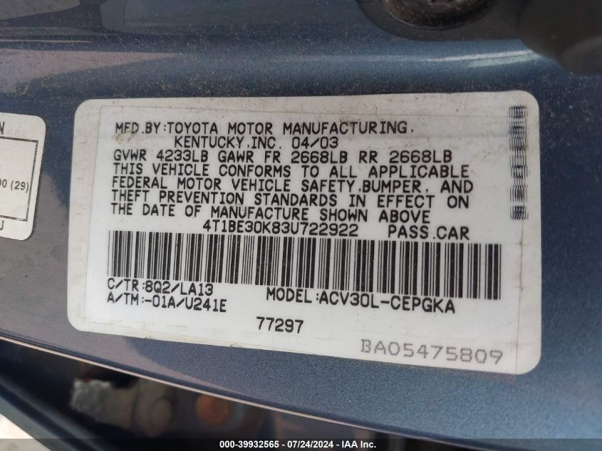 2003 Toyota Camry Xle VIN: 4T1BE30K83U722922 Lot: 39932565