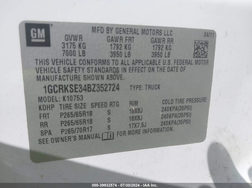 2011 Chevrolet Silverado K1500 Lt VIN: 1GCRKSE34BZ352724 Lot: 39932574