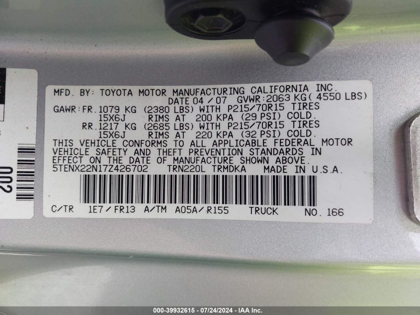 2007 Toyota Tacoma VIN: 5TENX22N17Z426702 Lot: 39932615