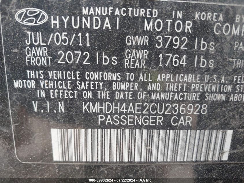 2012 Hyundai Elantra Gls (Ulsan Plant) VIN: KMHDH4AE2CU236928 Lot: 39932624