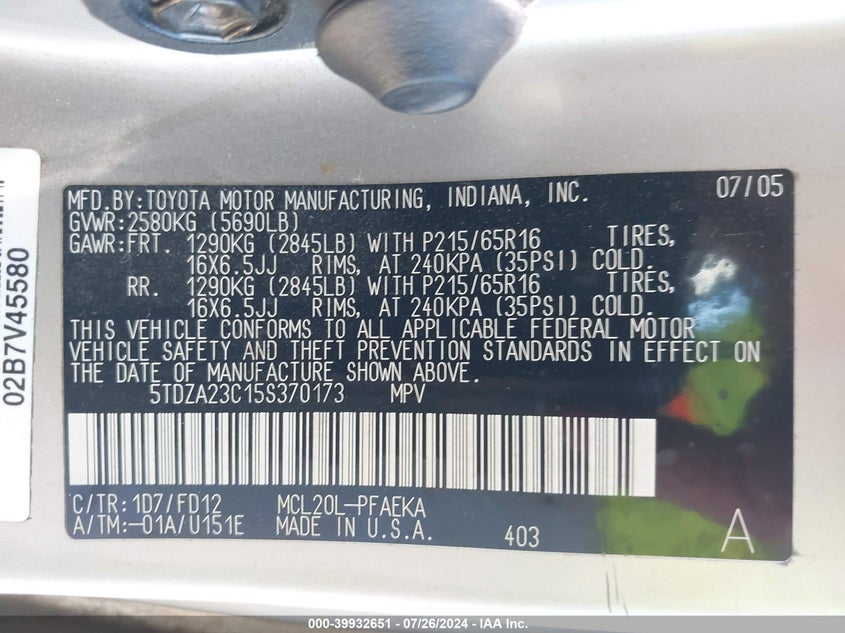 2005 Toyota Sienna Ce VIN: 5TDZA23C15S370173 Lot: 39932651