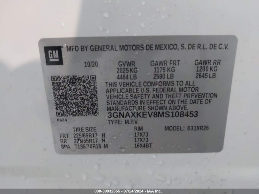 2021 Chevrolet Equinox Fwd Lt VIN: 3GNAXKEV8MS108453 Lot: 39932655