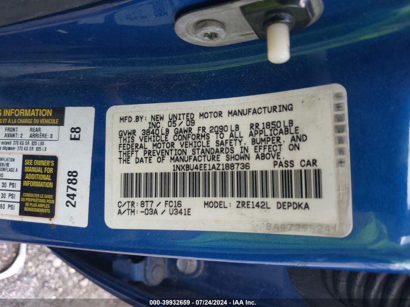 2010 Toyota Corolla Le VIN: 1NXBU4EE1AZ188736 Lot: 39932659