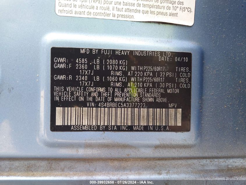 2010 Subaru Outback 2.5I Premium VIN: 4S4BRBEC5A3377223 Lot: 39932658