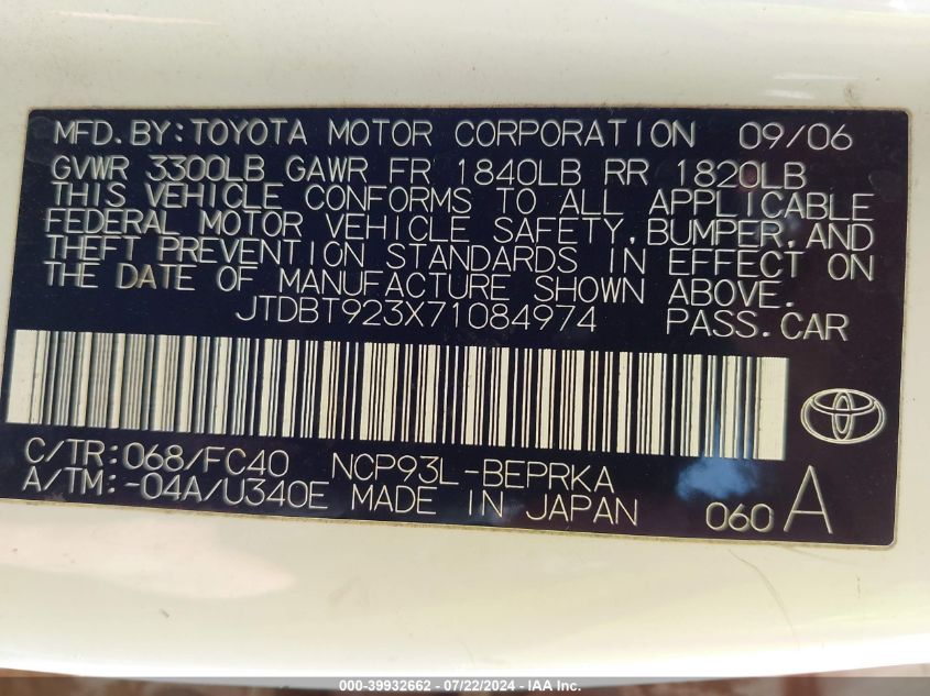 2007 Toyota Yaris VIN: JTDBT923X71084974 Lot: 39932662