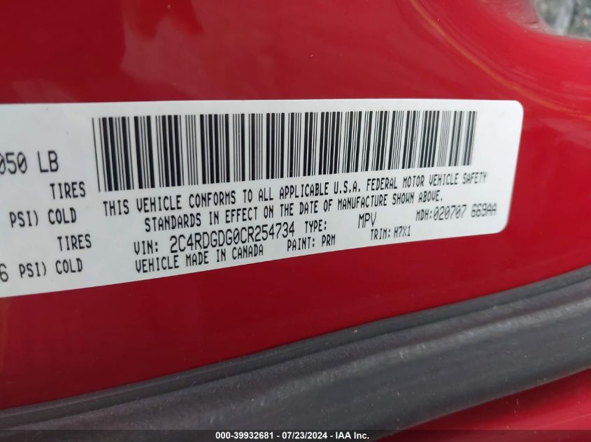 2012 Dodge Grand Caravan Crew VIN: 2C4RDGDG0CR254734 Lot: 39932681