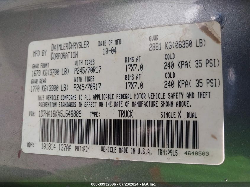 2005 Dodge Ram 1500 St VIN: 1D7HA16KX5J546889 Lot: 39932686