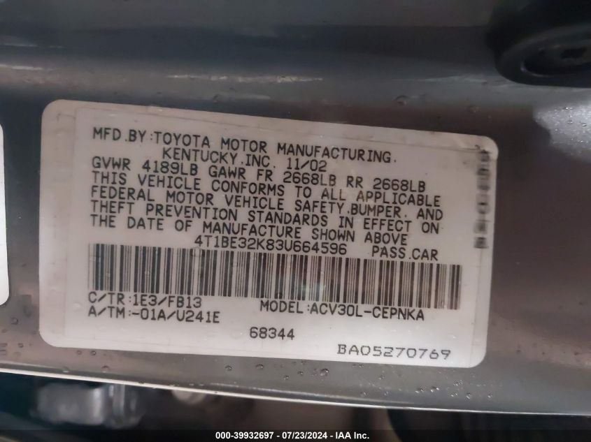 2003 Toyota Camry Le VIN: 4T1BE32K83U664596 Lot: 39932697