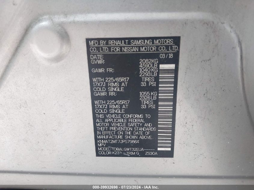 2018 Nissan Rogue Sv VIN: KNMAT2MT7JP579864 Lot: 39932698