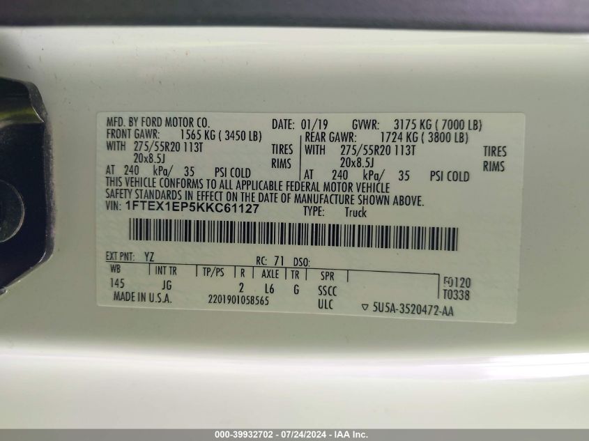 2019 Ford F150 Super Cab VIN: 1FTEX1EP5KKC61127 Lot: 39932702