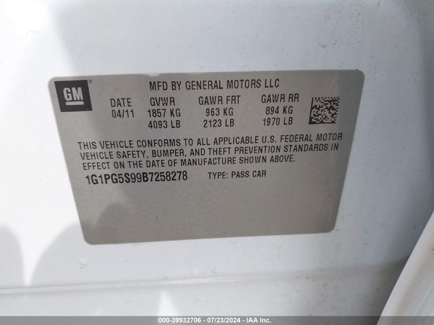 2011 Chevrolet Cruze Lt VIN: 1G1PG5S99B7258278 Lot: 39932706