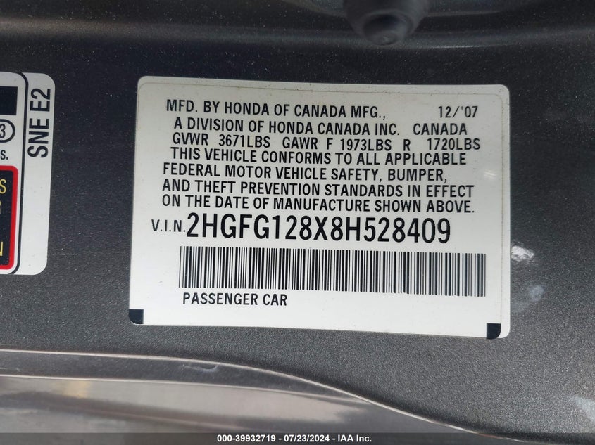 2008 Honda Civic Ex VIN: 2HGFG128X8H528409 Lot: 39932719