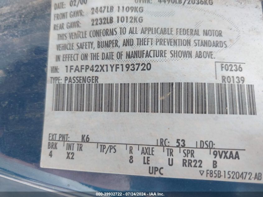 2000 Ford Mustang Gt VIN: 1FAFP42X1YF193720 Lot: 39932722