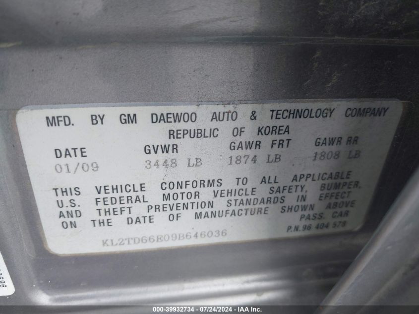 2009 Pontiac G3 VIN: KL2TD66E09B646036 Lot: 39932734