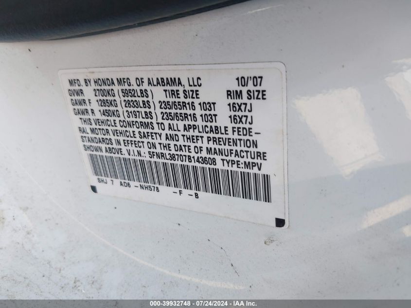 2007 Honda Odyssey Ex-L VIN: 5FNRL38707B143608 Lot: 39932748