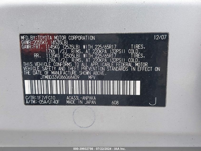 2008 Toyota Rav4 VIN: JTMBD33V086068409 Lot: 39932756