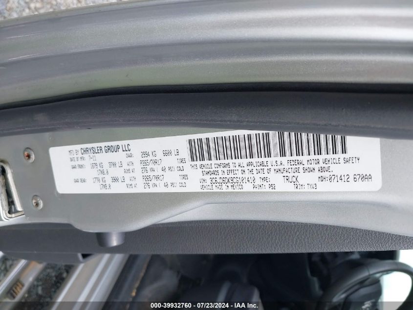 2012 Ram 1500 St VIN: 3C6JD6DK9CG101410 Lot: 39932760