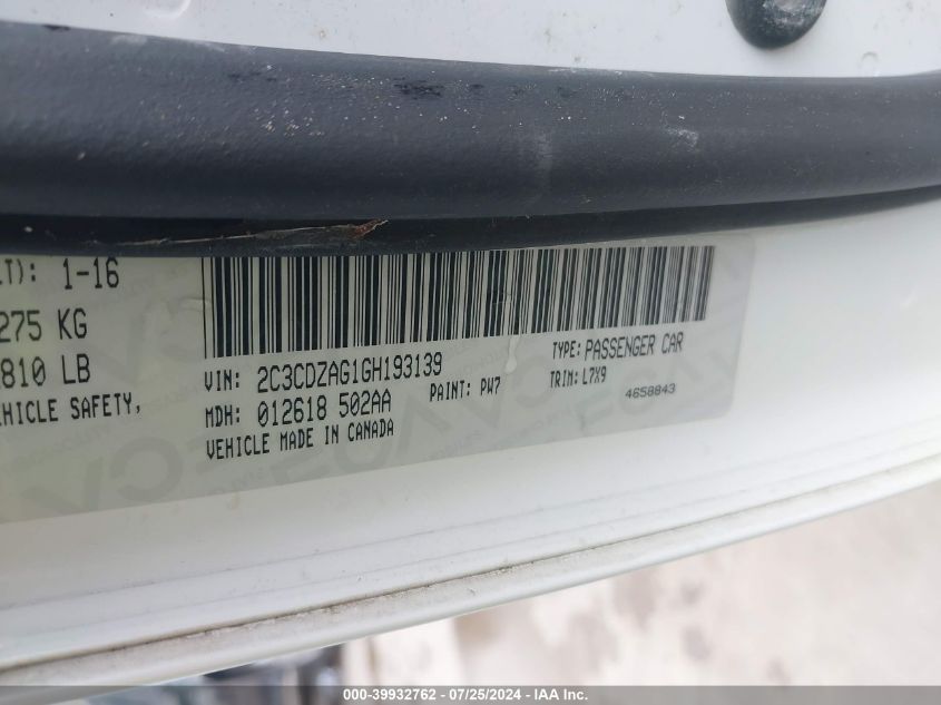 2016 Dodge Challenger Sxt VIN: 2C3CDZAG1GH193139 Lot: 39932762