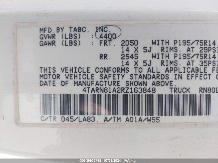 1994 Toyota Pickup 1/2 Ton Short Whlbase Stb VIN: 4TARN81A2RZ163848 Lot: 39932768