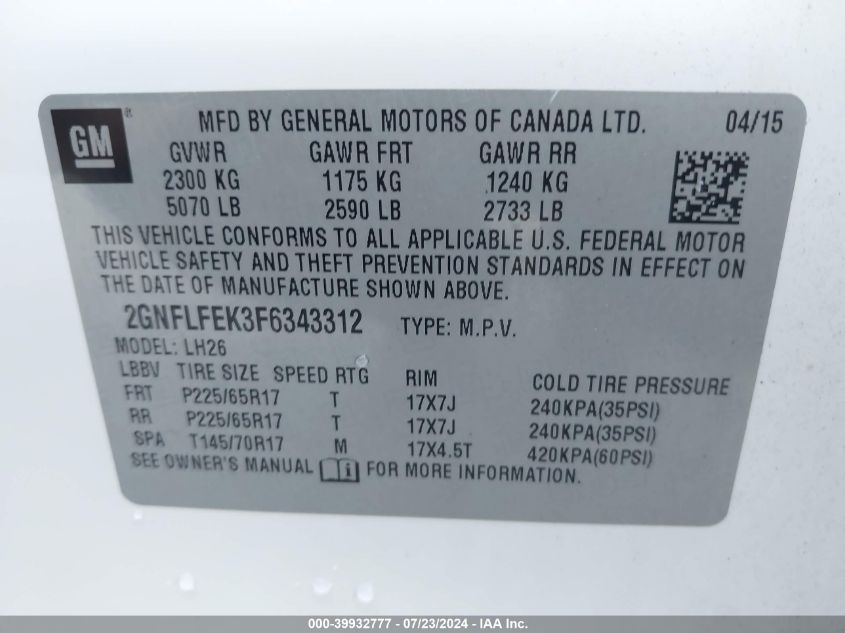 2015 Chevrolet Equinox Lt VIN: 2GNFLFEK3F6343312 Lot: 39932777