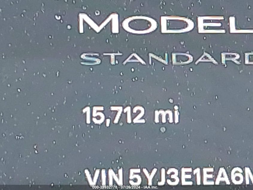 2021 Tesla Model 3 Standard Range Plus Rear-Wheel Drive VIN: 5YJ3E1EA6MF072768 Lot: 39932778