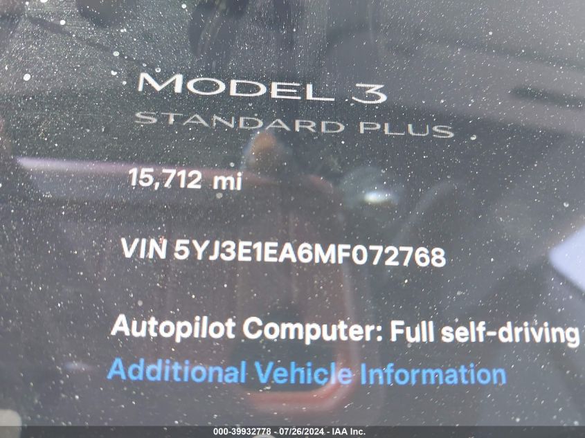 2021 Tesla Model 3 Standard Range Plus Rear-Wheel Drive VIN: 5YJ3E1EA6MF072768 Lot: 39932778