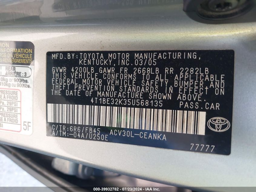 4T1BE32K35U568135 2005 Toyota Camry Le