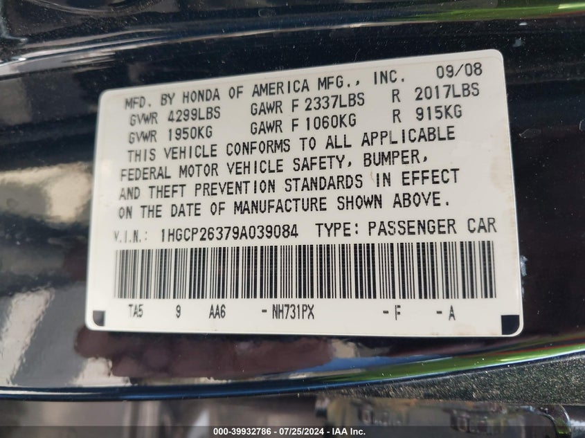 2009 Honda Accord Lx VIN: 1HGCP26379A039084 Lot: 39932786