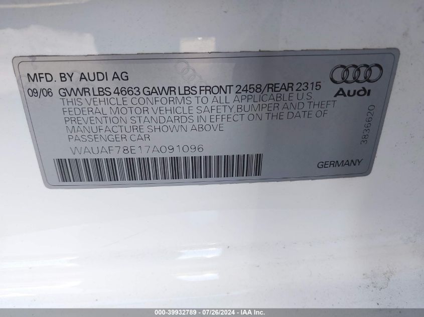 2007 Audi A4 2/Turbo VIN: WAUAF78E17A091096 Lot: 39932789