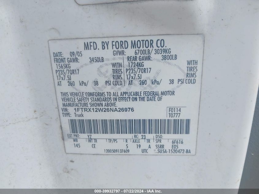 2006 Ford F-150 Stx/Xl/Xlt VIN: 1FTRX12W26NA26976 Lot: 39932797