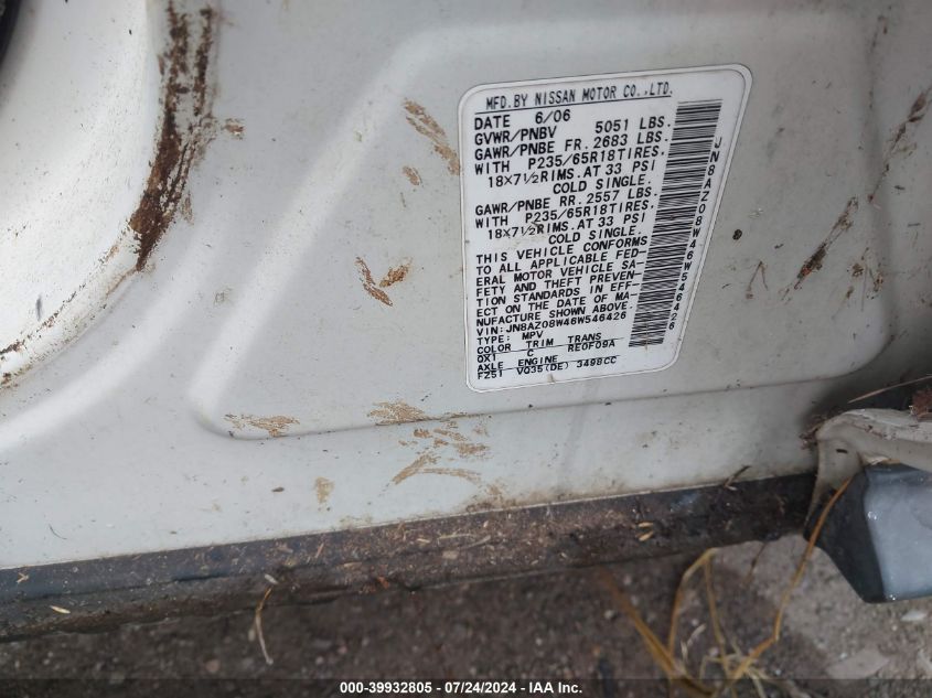 2006 Nissan Murano Sl/Se/S VIN: JN8AZ08W46W546426 Lot: 39932805