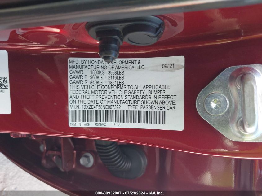 2022 Honda Insight Ex VIN: 19XZE4F58NE007392 Lot: 39932807