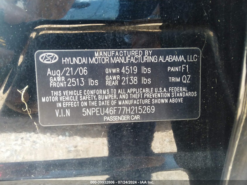 2007 Hyundai Sonata Se/Limited VIN: 5NPEU46F77H215269 Lot: 39932806