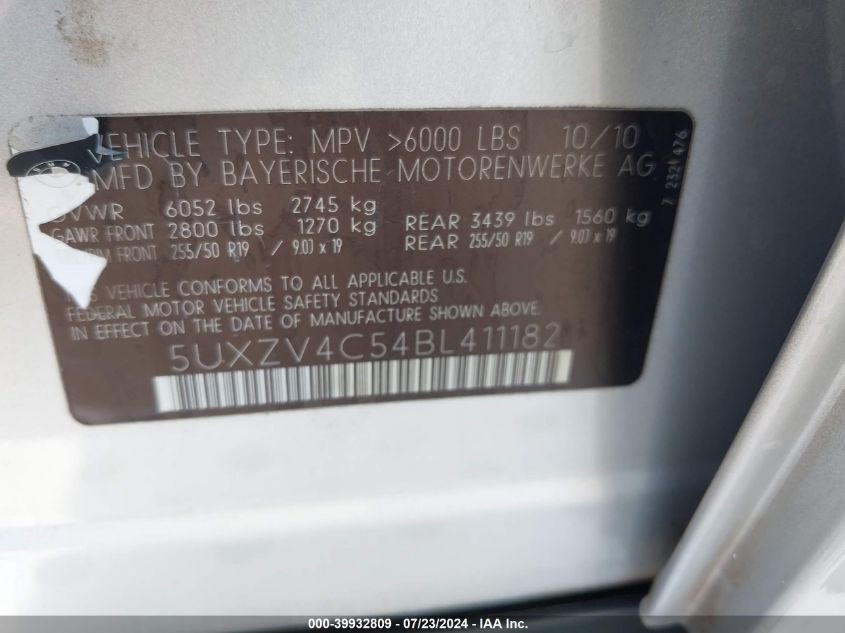 2011 BMW X5 xDrive35I/xDrive35I Premium/xDrive35I Sport Activity VIN: 5UXZV4C54BL411182 Lot: 39932809
