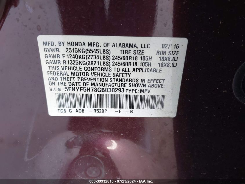 2016 Honda Pilot Ex-L VIN: 5FNYF5H78GB030293 Lot: 39932810