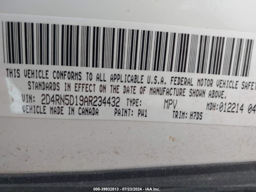 2010 Dodge Grand Caravan Sxt VIN: 2D4RN5D19AR234432 Lot: 39932813