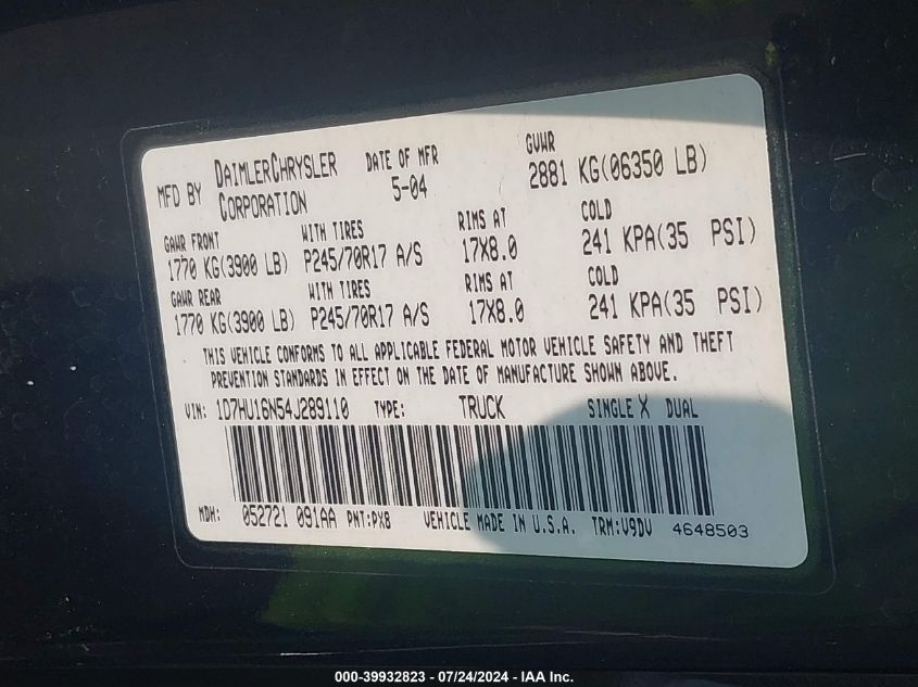 2004 Dodge Ram 1500 Slt/Laramie VIN: 1D7HU16N54J289110 Lot: 39932823