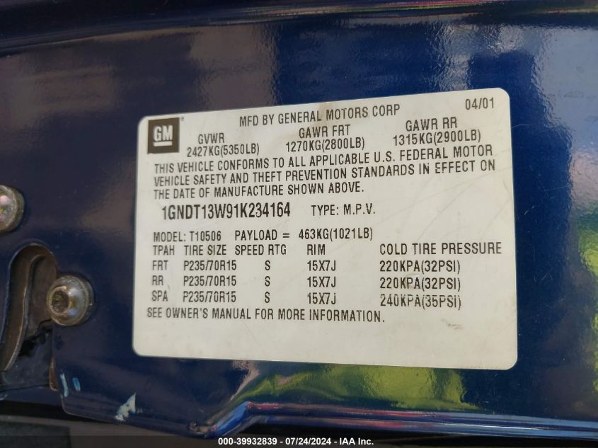 2001 Chevrolet Blazer VIN: 1GNDT13W91K234164 Lot: 39932839