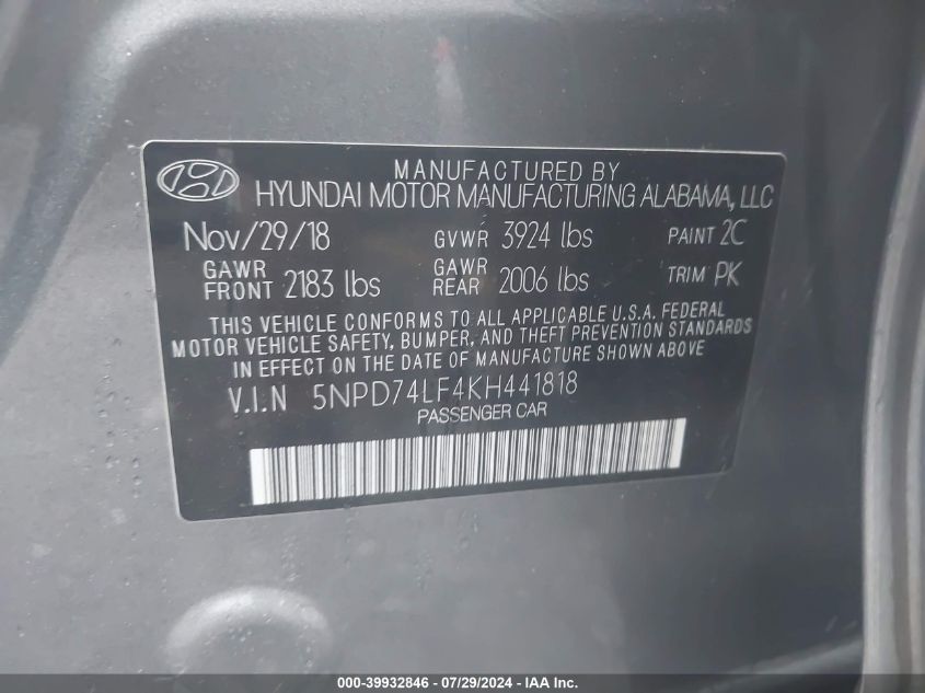 2019 HYUNDAI ELANTRA SE - 5NPD74LF4KH441818