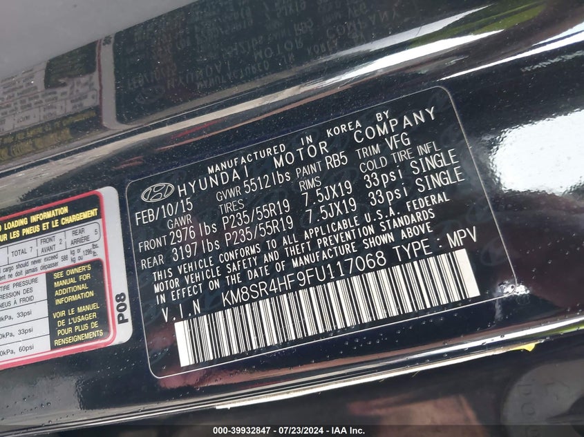 2015 Hyundai Santa Fe Gls VIN: KM8SR4HF9FU117068 Lot: 39932847