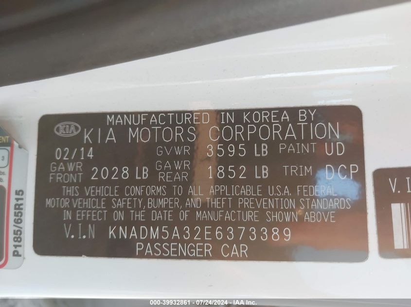 KNADM5A32E6373389 2014 Kia Rio Lx