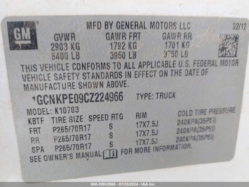 2012 Chevrolet Silverado 1500 Work Truck VIN: 1GCNKPE09CZ224966 Lot: 39932868