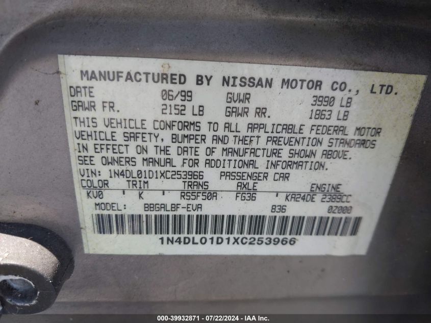 1999 Nissan Altima Gle/Gxe/Se/Se-L/Xe VIN: 1N4DL01D1XC253966 Lot: 39932871
